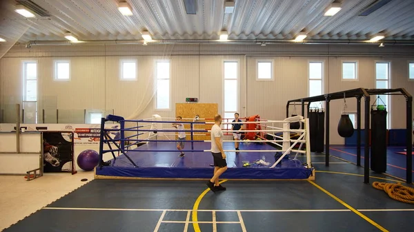 Moskova,Rusya - 09 Şubat 2019.İki çocuk lu ve eğitmenli boks ringi. Mücadele Rekabetçi Spor Kavramı