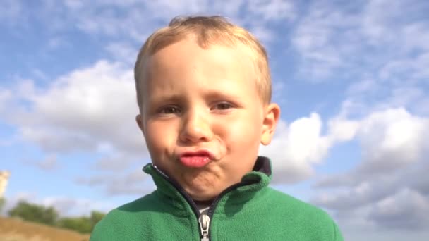 Closeup Child Boy Makes Lips Duck Real Positive Emotions Real — Stock Video