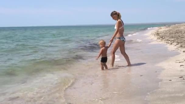 一个年轻美丽的母亲和她的小男孩在海边的海浪中玩耍 母亲在她身边旋转婴儿 — 图库视频影像