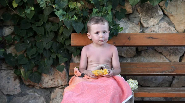 Criança bonito sentado no banco e comer um milho e olhando para a câmera — Fotografia de Stock