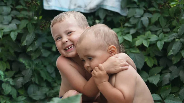 Два маленьких брата обнимаются на фоне зеленых листьев . — стоковое фото