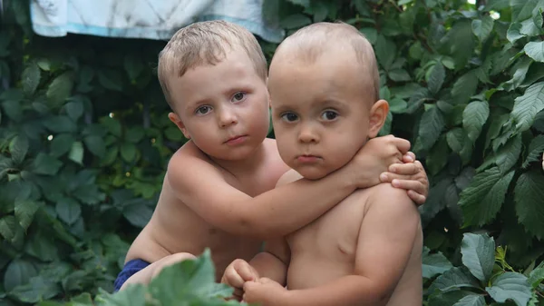 Deux petits frères étreignant sur fond de feuilles vertes . — Photo