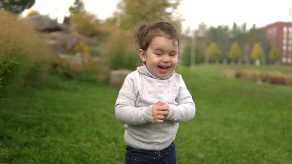 Portret van schattig klein meisje lachen met grappige blik buiten — Stockfoto