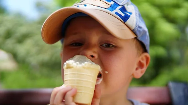 Portrait of a little boy . A child in the Park with ice cream — Stock Photo, Image