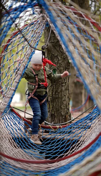 Mutiger Kleiner Junge Auf Einer Seilbrücke Abenteuer Seilpark — Stockfoto