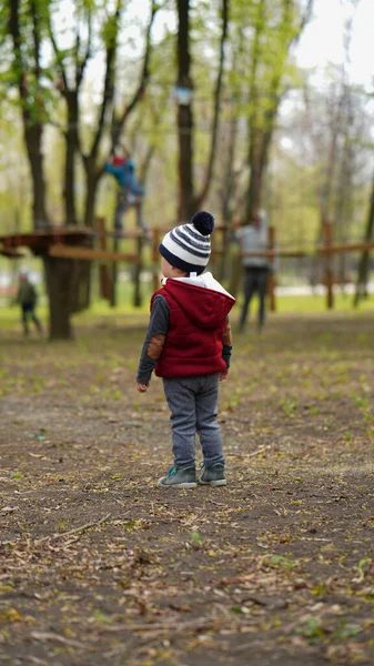 Niño Pequeño Parado Hacia Atrás Suelo Parque Primavera — Foto de Stock