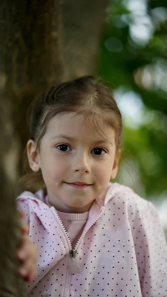 一个漂亮的小女孩的画像 她的棕色头发 穿着粉色夹克 在游乐场的一个公园里 孩子笑得很开心 — 图库照片