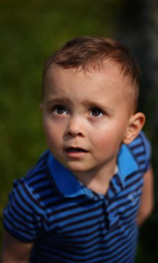 Mavi gömlekli şirin sarışın çocuğun yakından çekilmiş portresi yukarı bakıyor.