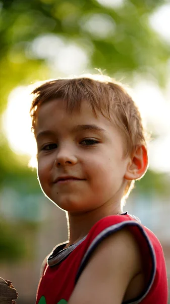 Портрет Маленького Симпатичного Хлопчика Червоній Футболці Рукавів Дитячому Майданчику Дитина — стокове фото