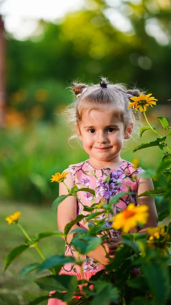 Porträt Eines Hübschen Mädchens Rosa Kleid Sommerpark Kind Lächelt Hinter — Stockfoto