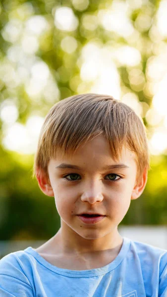 Портрет Маленького Милого Мальчика Синей Рубашке Парке — стоковое фото