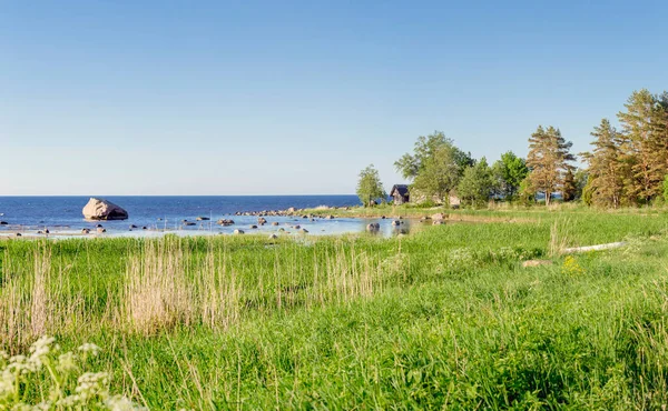 欧洲爱沙尼亚Haljala地区Lne Viru的Altja小村庄 阳光明媚的夏夜 环抱海滩 蓝色波罗的海和小木屋的鸟瞰全景 — 图库照片