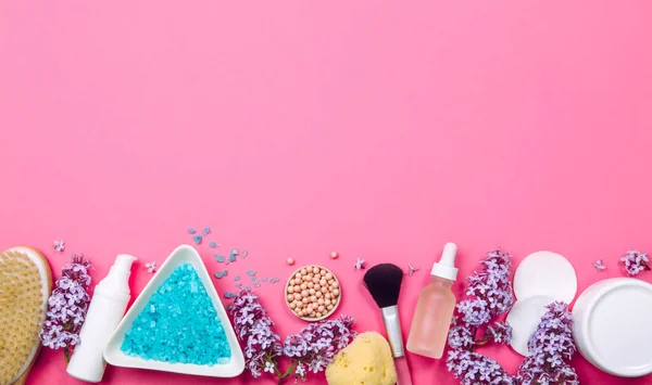 Flat Lay View Various Beauty Spa Products Pastel Pink Background — Stock Photo, Image