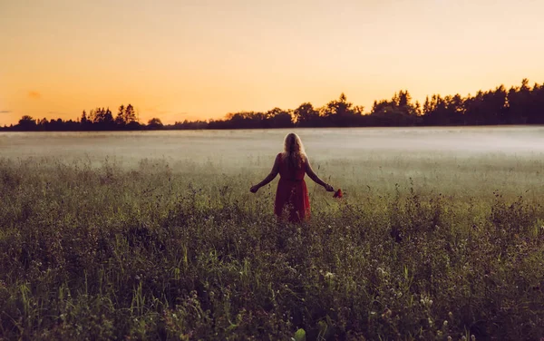 Een Vrouwelijke Vrouw Met Lang Haar Draagt Oranje Jurk Bloemen — Stockfoto