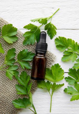 Maydanozdan (Petroselinum crispum) yapılan ev yapımı şifalı bitkisel tentür. Yeşil yapraklar ve kahverengi pipet şişesi kompozisyonu. Beyaz tahta arka plan.
