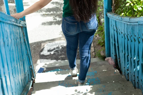 Young Woman Blue Stairs — Stock Photo, Image