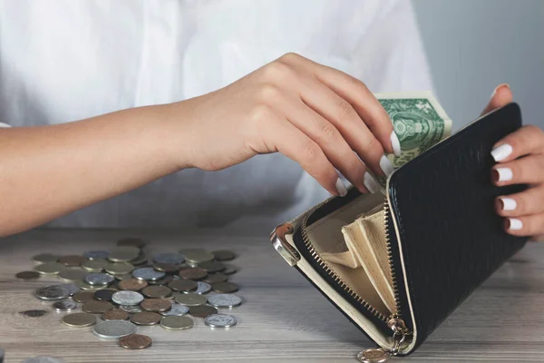 Sad Woman Hand Wallet Money Desk — Stock Photo, Image