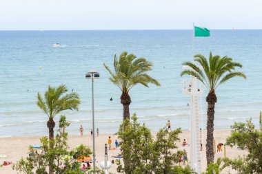 Alicante, İspanya; Temmuz 08, 2020; Mavi bir deniz, yeşil bayrak ve palmiye ağaçları ile el Pozisyonu plajı bir yaz günü insanlarla tatil
