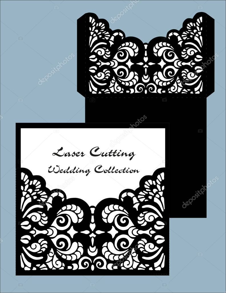 laser cut wedding card vector template. Invitation envelope. Wedding lace invitation. Template for laser cutting. Die cut pocket envelope template.