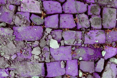 Kırık kırmızı tuğladan tuğla döşeme ve yeşil çimenler