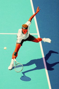 Erkek tenisçi güçlü oynuyor. Çizim grafik tasarımı.