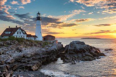 Portland Cape Elizabeth, New England, Maine, ABD deniz feneri güneş doğarken.