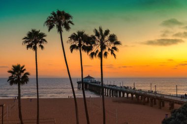 Gün batımı, palmiye ağaçları ve iskelede Manhattan Beach California, Los Angeles, California beach. İşlenen vintage.