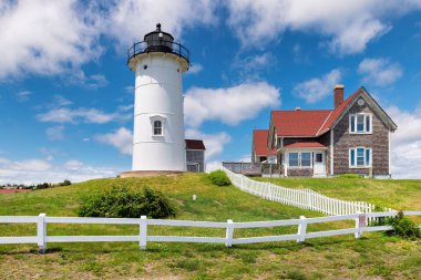 Nobska Point Light Lighthouse at sunny day, Woods Hole, Falmouth, Cape Cod Massachusetts, USA clipart