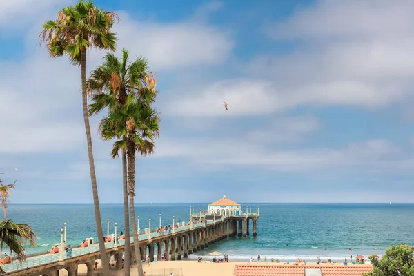 California Beach Sunset Palm Trees Pier Manhattan Beach California Los — Stock Photo, Image