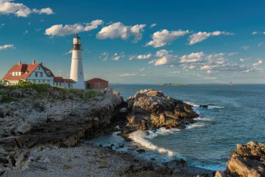 Portland kafa feneri Cape Elizabeth, New England, Maine, ABD gün batımında.