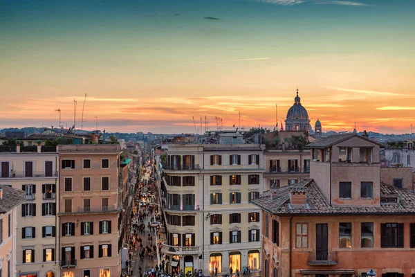 Panoramic view of Rome at sunset from the top of the Spanish Steps, Rome, Italy.