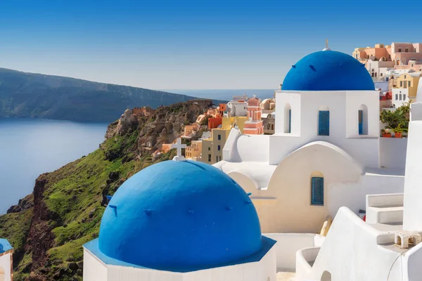 Blue White Domed Churches Santorini Greek Island Oia Town Santorini — Stock Photo, Image