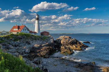 Portland Baş Feneri, Cape Elizabeth, New England, Maine, ABD 'de gün batımında..