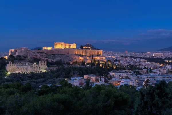 雅典的夜空 夜晚的雅典雅典卫城和希腊的雅典天际线 — 图库照片