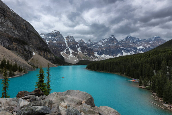 Rocky Mountains in cloudy day, Moraine Lake, Banff National Park, Canada
