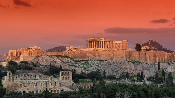 Sonnenuntergang Blick Auf Den Parthenon Tempel Der Akropolis Von Athen — Stockfoto