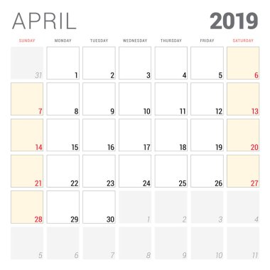 Nisan 2019 için takvim planlayıcısı. Hafta Pazar günü başlar. Yazdırılabilir vektör ileti örneği tasarım şablonu