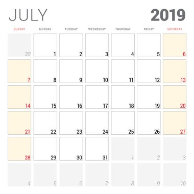 Takvim planlayıcısı için Temmuz 2019. Hafta Pazar günü başlar. Yazdırılabilir vektör ileti örneği tasarım şablonu