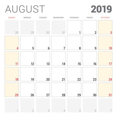 Ağustos 2019 için takvim planlayıcısı. Hafta Pazar günü başlar. Yazdırılabilir vektör ileti örneği tasarım şablonu