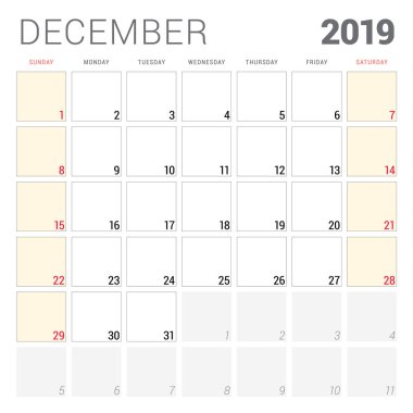 Aralık 2019 için takvim planlayıcısı. Hafta Pazar günü başlar. Yazdırılabilir vektör ileti örneği tasarım şablonu