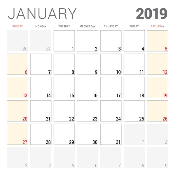 Планировщик Календаря Январь 2019 Года Неделя Начинается Воскресенье Шаблон Печати — стоковый вектор