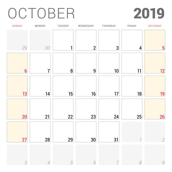 Kalender Planner Voor Oktober 2019 Week Begint Zondag Afdrukbare Vector — Stockvector