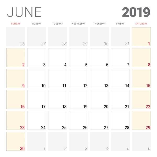 Planificador Calendario Para Junio 2019 Semana Comienza Domingo Plantilla Diseño — Archivo Imágenes Vectoriales
