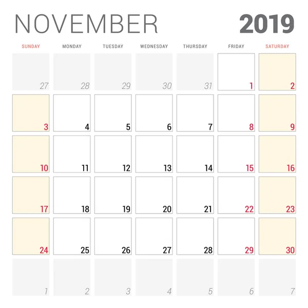 Planejador Calendário Para Novembro 2019 Semana Começa Domingo Modelo Design —  Vetores de Stock