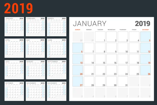 Planejador Calendário Para 2019 Ano Semana Começa Domingo Modelo Design — Vetor de Stock