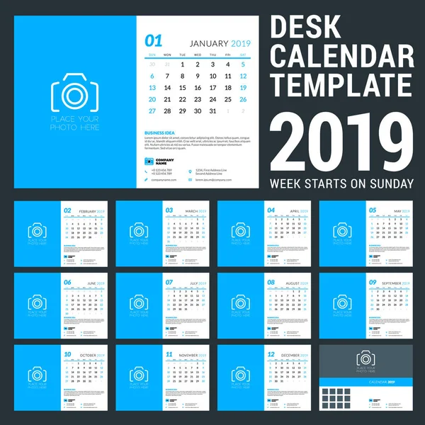 Schreibtischkalender Für 2019 Jahr Designvorlage Mit Platz Für Foto Die — Stockvektor