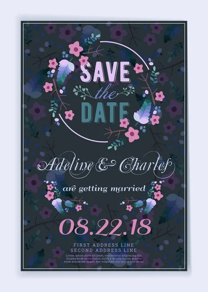 Date Wedding Invitation Card Design Template Botanical Desig Elements Stationery — Stock Vector