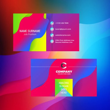 Çift taraflı yatay kartvizit şablon arka plan ile. Canlı degradeler. Vektör mockup çizim. İleti örneği tasarım