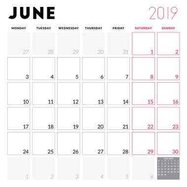 Haziran 2019 için takvim planlayıcısı. Hafta Pazartesi günü başlar. Yazdırılabilir vektör ileti örneği tasarım şablonu