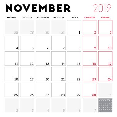 Kasım 2019 için takvim planlayıcısı. Hafta Pazartesi günü başlar. Yazdırılabilir vektör ileti örneği tasarım şablonu